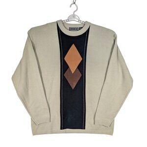 XL Vintage GOCHU Sweater Tan Brown Faux Suede‎ Diamond Accent 90s Knit Pullover